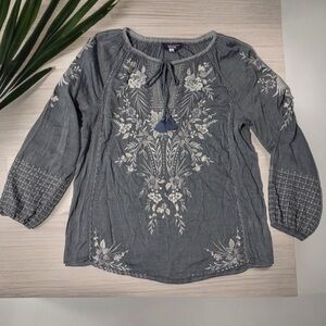 Johnny Was Workshop Oleander Marrakesh Blouse Chambray White Blue Size XS